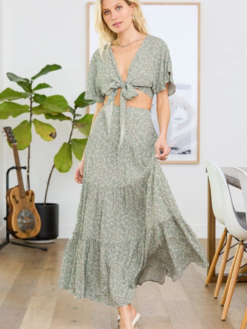 NWT Lulus Sweet & Flirty Sage Floral Two Piece Maxi Dress Set Large